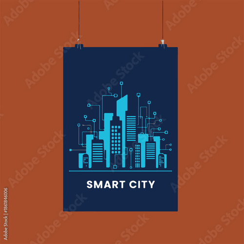 Smart city vector poster, simplified city skyline on orange background.eps