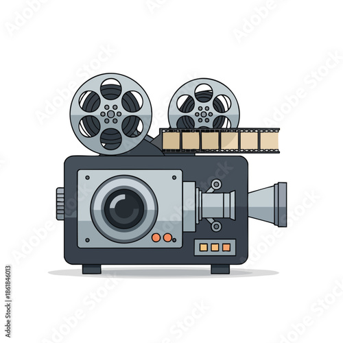 Vector illustration of a vintage movie camera with film reels
