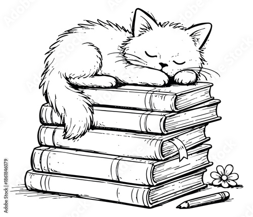 Hand drawn line art illustration of a fluffy cat depicting sleeping on a stack of books for reading and comfort