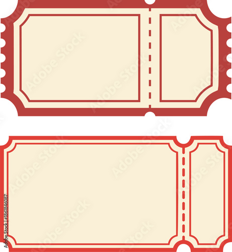 Blank red vintage ticket stub template vector set isolated on white. Classic retro style blank ticket stub with perforated tear line and decorative edges in red colors. events, cinema, theater.