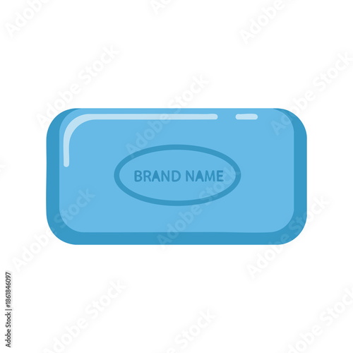 A blue soap bar with rounded edges, brand name, and light reflection