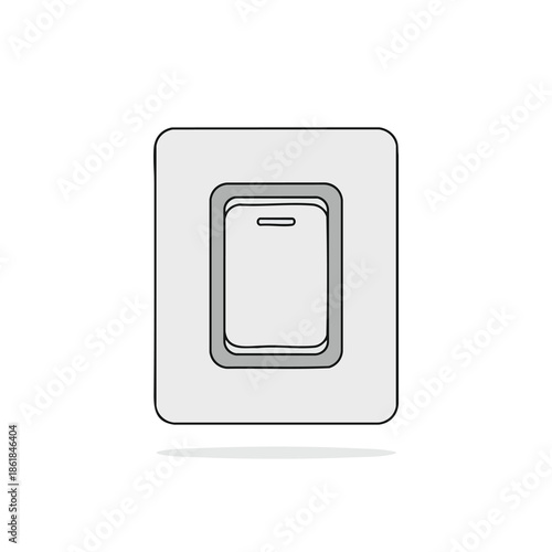A square light switch with a rectangular on/off toggle, shaded