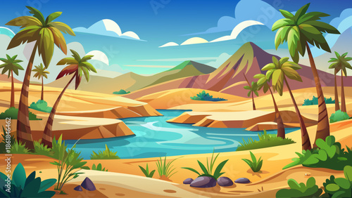 Desert oasis landscape with palm trees and water surrounded by sand dunes