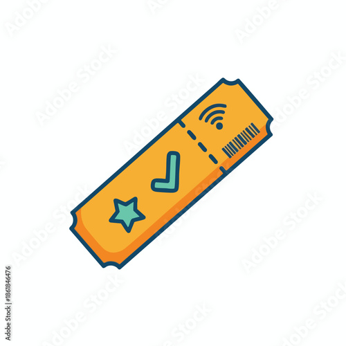 A colorful digital ticket with checkmark, star, wifi icon, and barcode