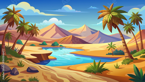 Desert oasis landscape with palm trees and water surrounded by sand dunes