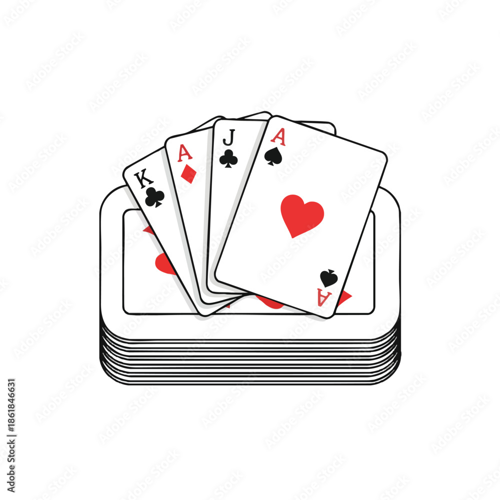 Obraz premium Deck of cards with face-up cards showing various suits and values