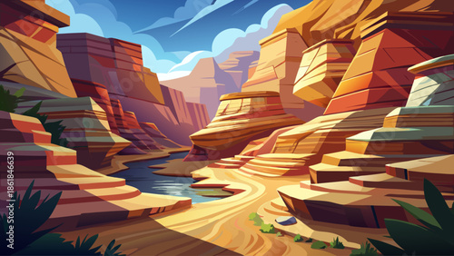 Desert canyon landscape with layered rock walls and shadows