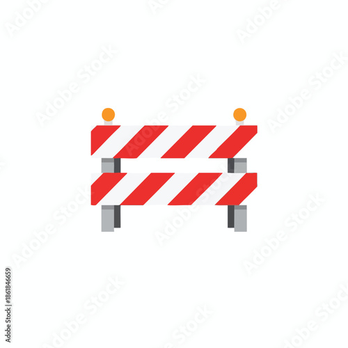 A road barrier in a flat design, red and white stripes, with orange lights