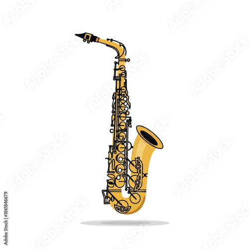 A golden saxophone with black outlines, shadow below, isolated on a white backdrop