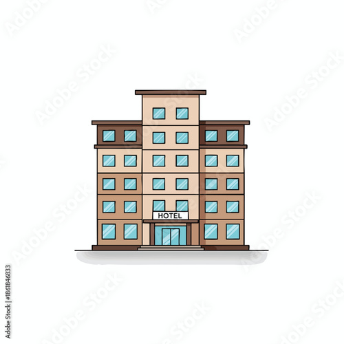 Vector illustration of a multi-story hotel with windows, entrance, and "HOTEL" sign