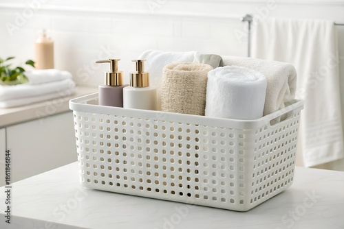 Plastic Bathroom Storage Basket with Towels & Toiletries: Clean Minimal Bathroom Interior Soft Lighting Photos