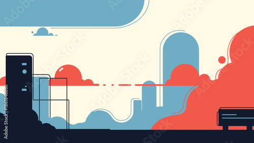 Abstract Cityscape with Geometric Shapes and Colors.