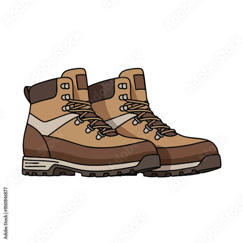 Two stylized, tan and brown hiking boots, laced, with dark soles