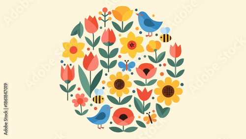 Colorful Flowers and Birds Illustration Design.