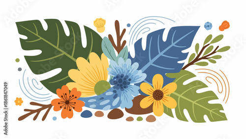 Colorful Tropical Leaves and Flowers Arrangement.