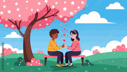 Couple Sitting on Bench Under Tree.