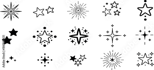 A collection of various star illustrations in different styles and designs on a white background