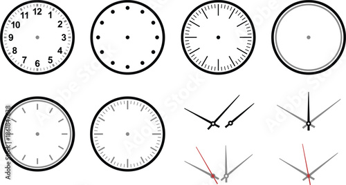 Stylized grid of 12 clock faces and hand sets showing varied time designs and configurations