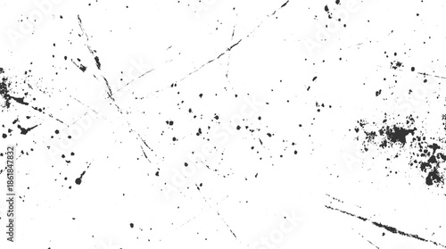 Black ink splatters and scratches on white background texture abstract