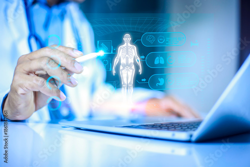Doctor using digital medical interface with human body hologram and health data analysis. Concept of longevity, preventive healthcare, medical technology, health monitoring, diagnostics medicine.