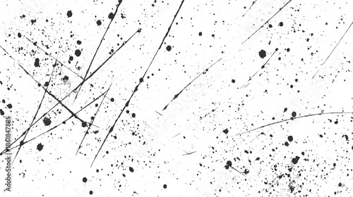 Black ink splatters and thin lines on a white background abstract texture