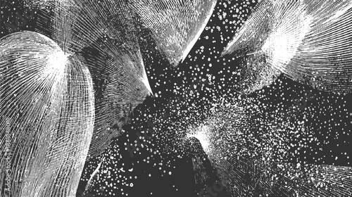 Black and white abstract pattern with radiating lines and scattered circles texture