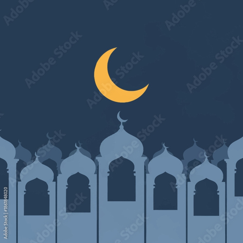 Islamic mosque silhouette with crescent moon at night.