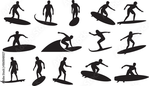 Collection of dynamic surfing silhouettes capturing the thrill of ocean waves and athleticism
