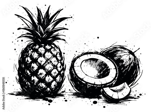 Hand drawn grunge tropical fruit set featuring a pineapple and coconuts for summer design