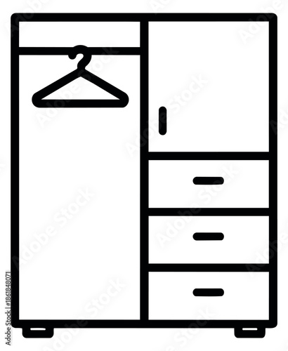 Line art illustration of a wardrobe depicting a hanger and drawers for home furniture
