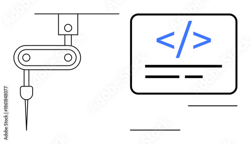 Automation, robotics, programming, development, manufacturing, industrial processes. Robotic arm with software code symbol. Automation and robotics in a minimal design