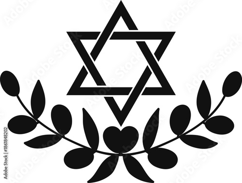 Soft black six pointed jewish star decorated with olive tree branches, vector clip art
