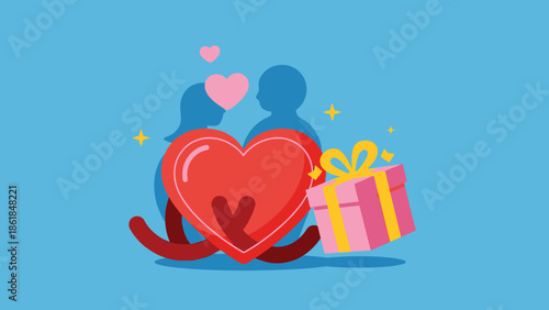 Couple with Heart and Gift Box Illustration.