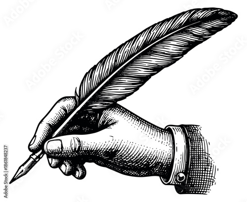 Vintage hand drawn illustration of a hand holding a quill pen depicting writing for history and education