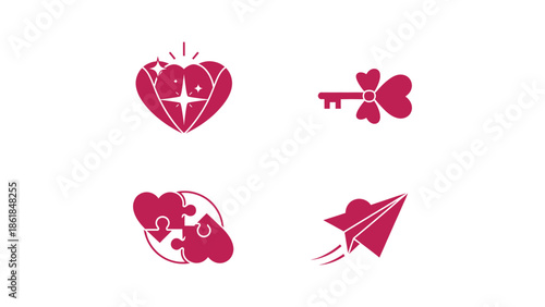 Set of four pink magenta icons sparkling heart, key with a clover shape, interlocking puzzle pieces, and a paper airplane taking off