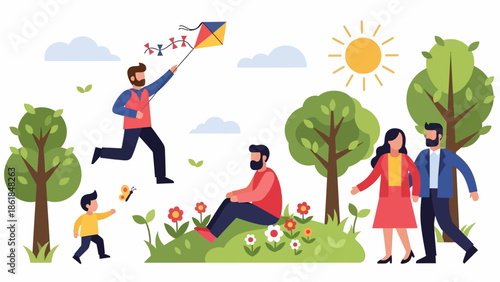 Family Enjoying Kite Flying in Park.