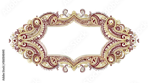 An ornate, symmetrical frame design featuring intricate patterns and floral motifs in shades of gold, red, and cream on a white background