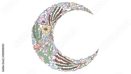 A colorful crescent moon shape adorned with plants and flowers viewed from a straightforward angle in a simple white environment illustrating a decorative illustration of nature