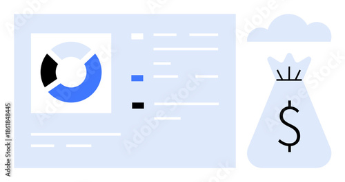 Data dashboard with pie chart, analytics, and money bag icon representing finance management, statistics, and wealth optimization. Ideal for business, startups, budgeting, investments marketing