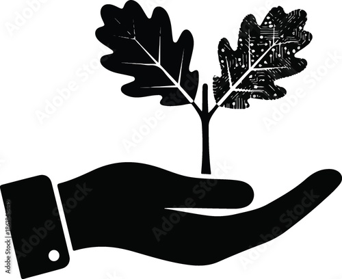 Hand holding a growing plant sprout with one natural leaf and one digital circuit board leaf, symbolizing sustainable technology and green innovation.