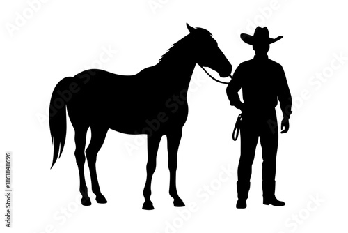 cowboy horse silhouette, Silhouette of a cowboy standing next to his horse Vector