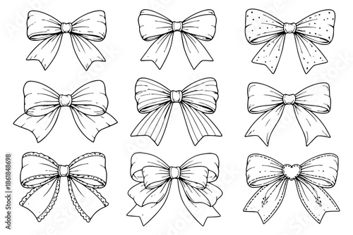 Hand drawn line art bow set featuring different decorative styles for gifts and celebrations