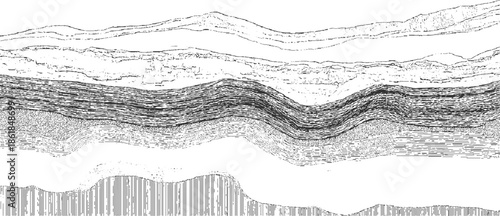 Black and white cross section of geological strata with textured layers and wavy formations geology