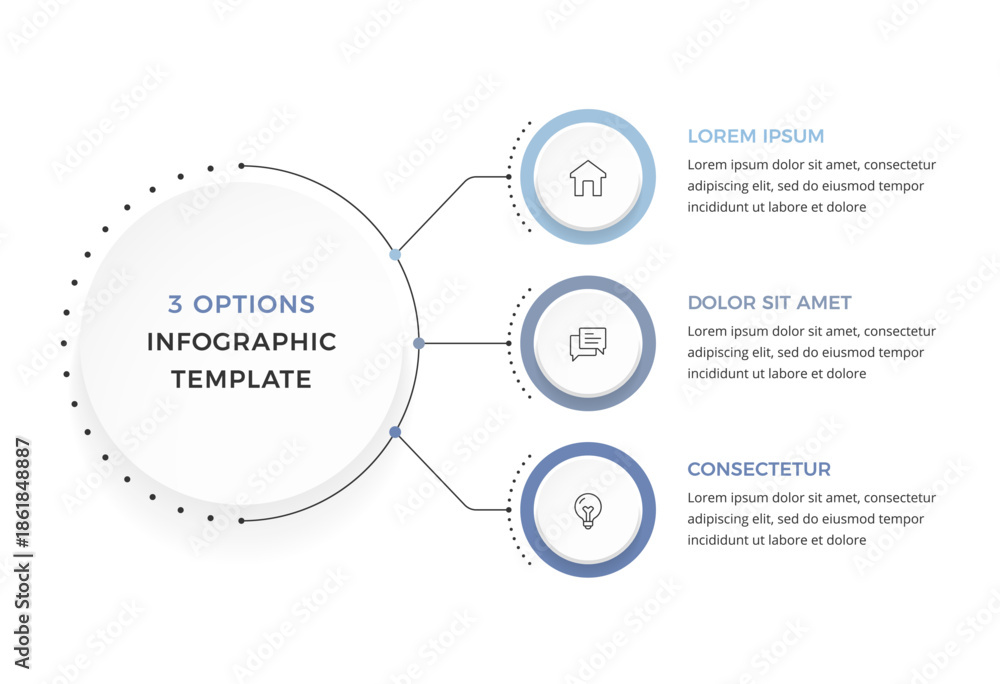 Fototapeta premium Three option infographic template with a central circle connected to circular elements with icons and text