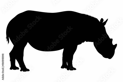 rhino silhouette vector, Black silhouette of a rhinoceros with a single horn Vector