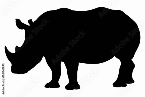 rhino silhouette vector, Black silhouette of a rhinoceros with a single horn Vector