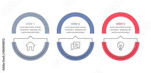 Three step infographic with semi circular colored elements, icons and text blocks, presenting a sequential business or workflow process