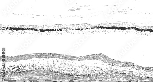Black and white line of layered geological strata and sky abstract background