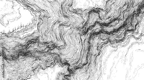Black and white topographic contour lines forming abstract landscape patterns background