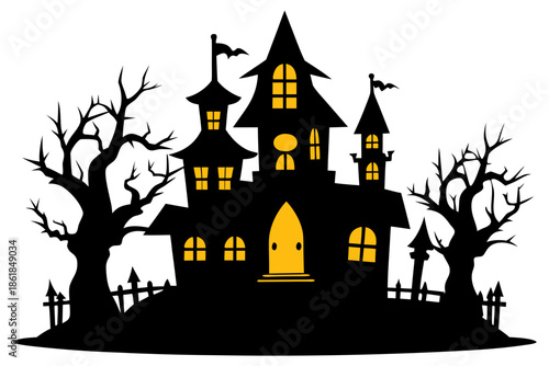 Spooky haunted castle silhouette with a bat flying above Vector, haunted house  silhouette